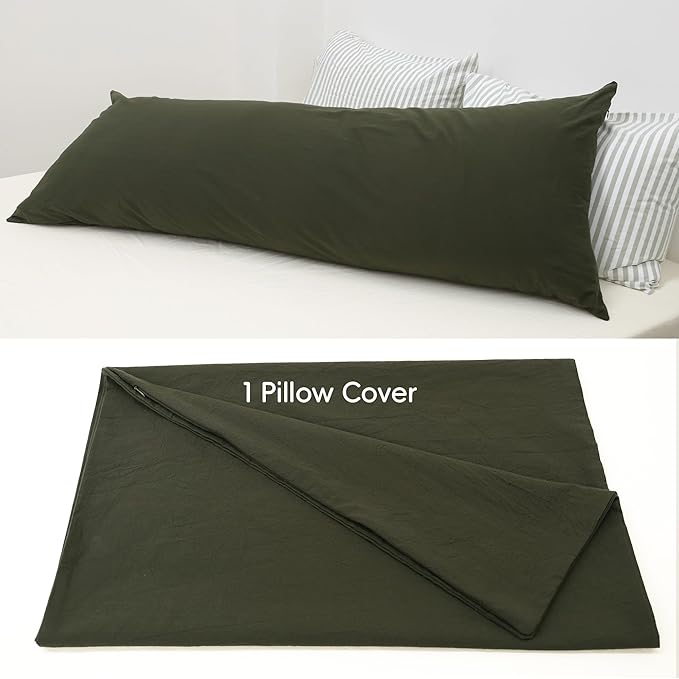 MooMee Body Pillow Cover Pillowcase with Zipper 100% Washed Cotton Linen Like Textured Breathable Durable Soft Comfy (Olive Green, 21”x54”, 1PC)