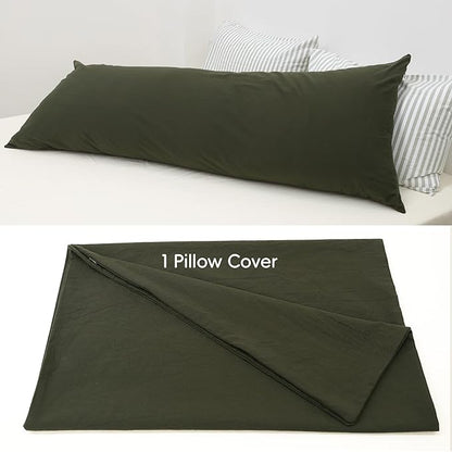 MooMee Body Pillow Cover Pillowcase with Zipper 100% Washed Cotton Linen Like Textured Breathable Durable Soft Comfy (Olive Green, 21”x54”, 1PC)