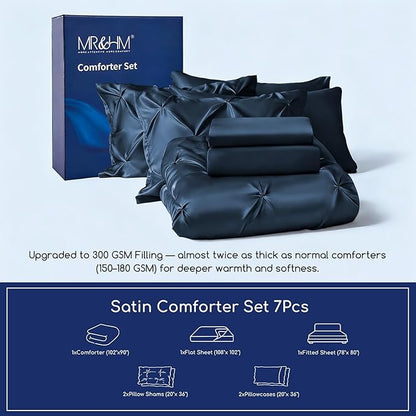 MR&HM Satin Comforter King 7 Pieces - Luxurious Pinch Pleat Bedding Set with Comforter, Flat Sheet, Fitted Sheet, Pillowcases & Shams, Super Silky Soft Bed Set for All Season (King, Mood Indigo)