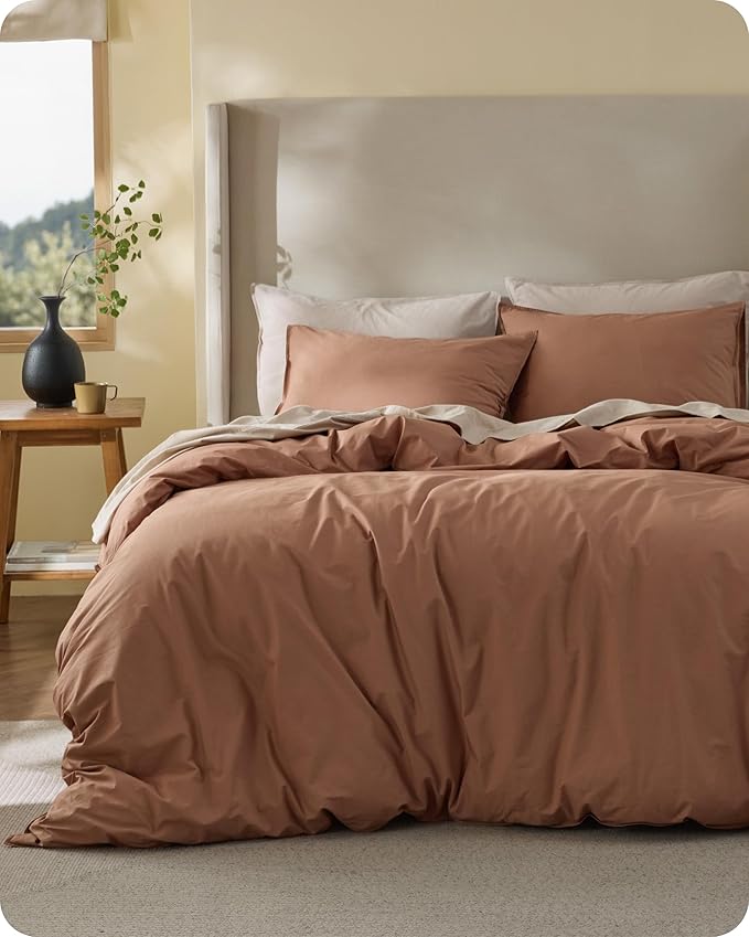 Bedsure Cotton Duvet Cover Queen - Luxury Slub Weave 100% Cotton Duvet Cover Set, PureWoven Bedding Set with a Linen Like Textured, Easy Change, Mocha Mousse, 90" x 90"