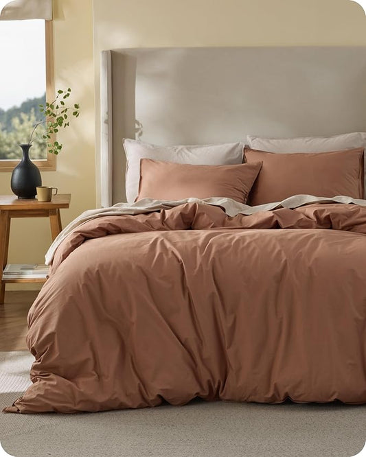 Bedsure Cotton Duvet Cover Queen - Luxury Slub Weave 100% Cotton Duvet Cover Set, PureWoven Bedding Set with a Linen Like Textured, Easy Change, Mocha Mousse, 90" x 90"