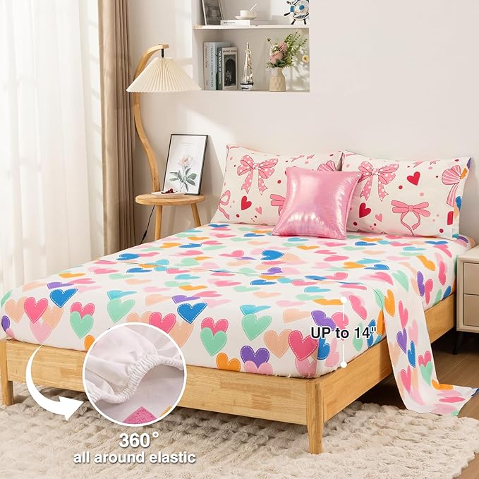 A Nice Night Lightweight Soft 6 Piece Bowknot Comforter Set Queen Size Bed in a Bag,Cartoon Love Hearts &Bow & Polka Dot Design Bedding Set for Girls Kids
