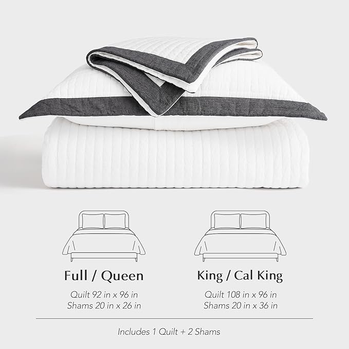 EVERGRACE Cotton Border Frame Tack-Stitch Quilt Bedding Set King Size, Coastal Oversized 3 Pieces Lightweight Bedspread Coverlet for All Season, with 2 Matching Shams, Washed Black