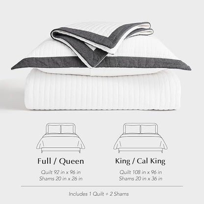 EVERGRACE Cotton Border Frame Tack-Stitch Quilt Bedding Set Queen Size, Coastal Oversized 3 Pieces Lightweight Bedspread Coverlet for All Season, with 2 Matching Shams, Washed Black