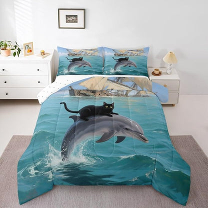 Erosebridal Black Kitten Bedding Set Twin Size Dolphin Comforter Set for Kids Girls Boys Marine Waves Kawaii Cat Sea Ship Blue White Comforter Warm Soft Quilt Insert