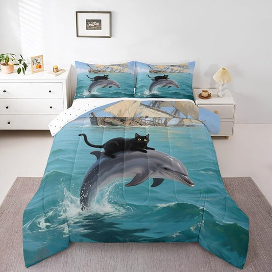 Erosebridal Black Kitten Bedding Set Twin Size Dolphin Comforter Set for Kids Girls Boys Marine Waves Kawaii Cat Sea Ship Blue White Comforter Warm Soft Quilt Insert