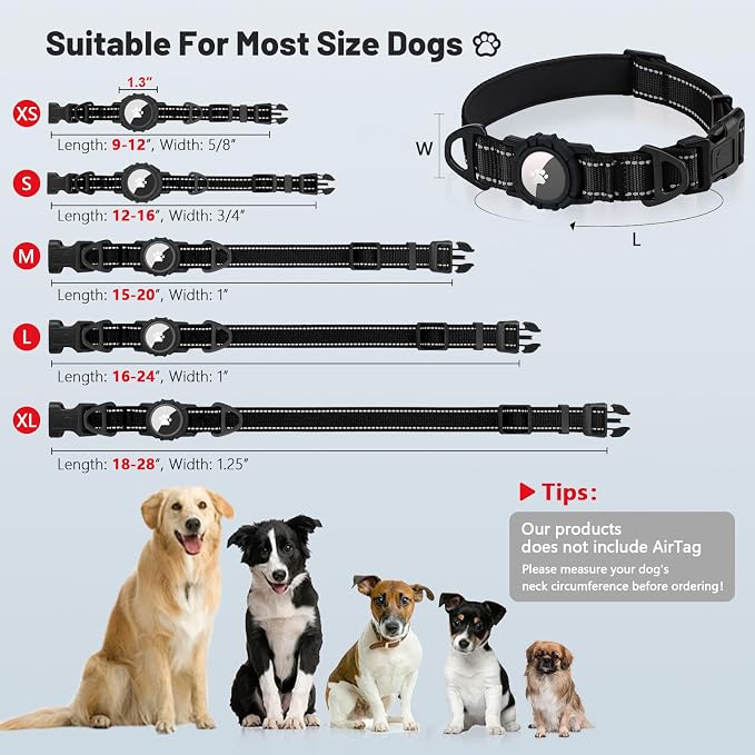 Taglory AirTag Dog Collar with Waterproof Holder for Small Dogs, Black, S | Reflective for Night Walks & Low-Light Safety, Track Your Pup Peace of Mind, Adjustable Soft Padded, No More Dangling Tags