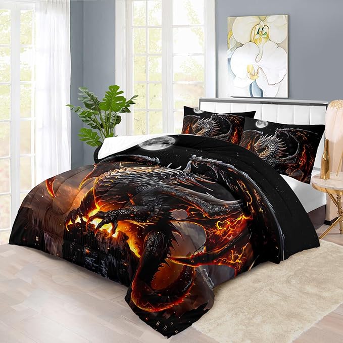 Black Dragon Comforter Set Full Adult,Flame Dragon Bedding Set for Boys,Magical Beast Bedding Fantasy Animal Comforter Beedroom Decor,Magical Beast Quilt Bed Decor