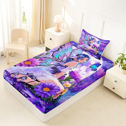 Erosebridal Fairy Girl Fitted Sheet Twin Flower Fairytale Bed Sheets for Boys Girls Blue Butterfly Floral Decor Bed Set Purple Galaxy Moon Sheets with 1 Pillowcase