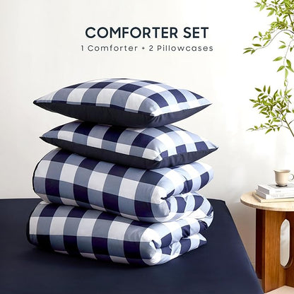 Wake In Cloud - Gingham Comforter Set, Plaid Buffalo Check Checkered Cottagecore Cute Geometric, Soft Lightweight Bedding, 3 Pieces, Navy Blue White, Full Size