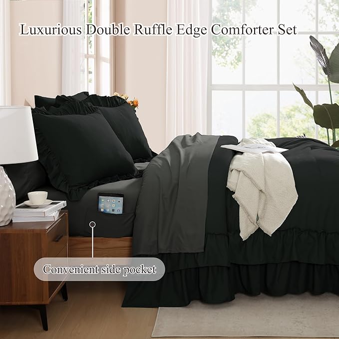Queen Comforter Set Black, Ruffle Shabby Chic Bedding Set Farmhouse 7 Pieces, All Season Fluffy Bed in a Bag with Sheets, Pillowcases & Shams