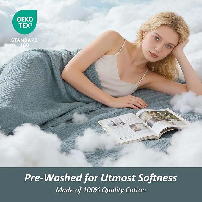 EMME Cotton Muslin Twin Blanket Breathable Gauze Soft Lightweight Blankets Adults Gifts for Women (Heather Teal, 60"x80")