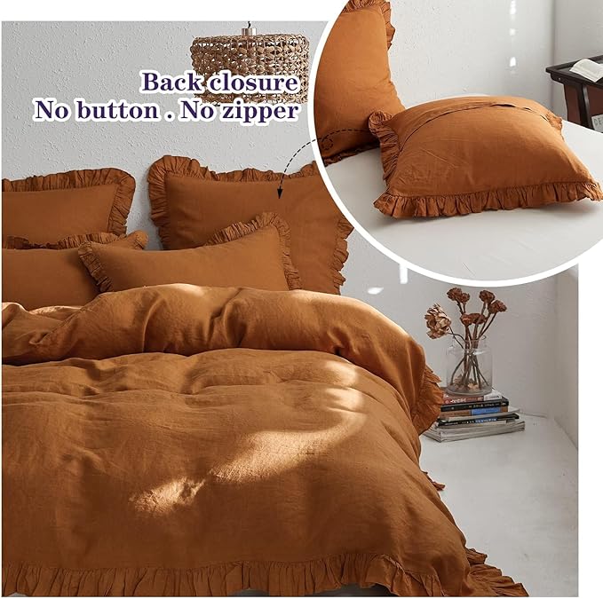 Simple&Opulence 100% Linen Euro Sham Covers with Ruffle, 26x26 Inch Pillow Covers Set of 2, Euro Pillow Shams for Bed Couch French Home Decor Luxury and Breathable Square Pillow Cases, Rust