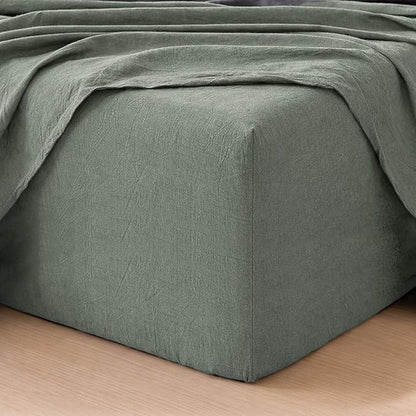 MooMee Fitted Bottom Sheet Only 100% Washed Cotton Linen Like Textured Breathable Durable Soft Comfy Deep Pocket Fits Mattress up to 17" (Heathered Green, Twin)