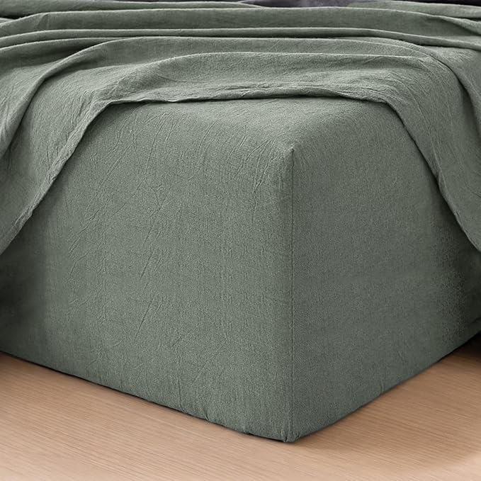 MooMee Fitted Bottom Sheet Only 100% Washed Cotton Linen Like Textured Breathable Durable Soft Comfy Deep Pocket Fits Mattress up to 17" (Heathered Green, Queen)