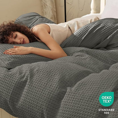 PHF Waffle Weave Duvet Cover Set Twin/Twin XL Size, No Snagging Ultra Soft Luxury Textured Breathable Comforter Cover for All Season 2pcs, Durable Bedding Duvet Set with 1 Pillow Sham, 68"x90", Grey