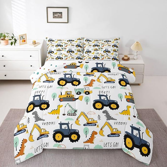 Kids Excavator Comforter Set Full, Cartoon Equipment Trucks Bedding for Boys Girls Children, Dinosaur Duvet Insert, Yellow Blue Construction Vehicle Down Comforter, Tractor Quilt Set Bedroom Decor