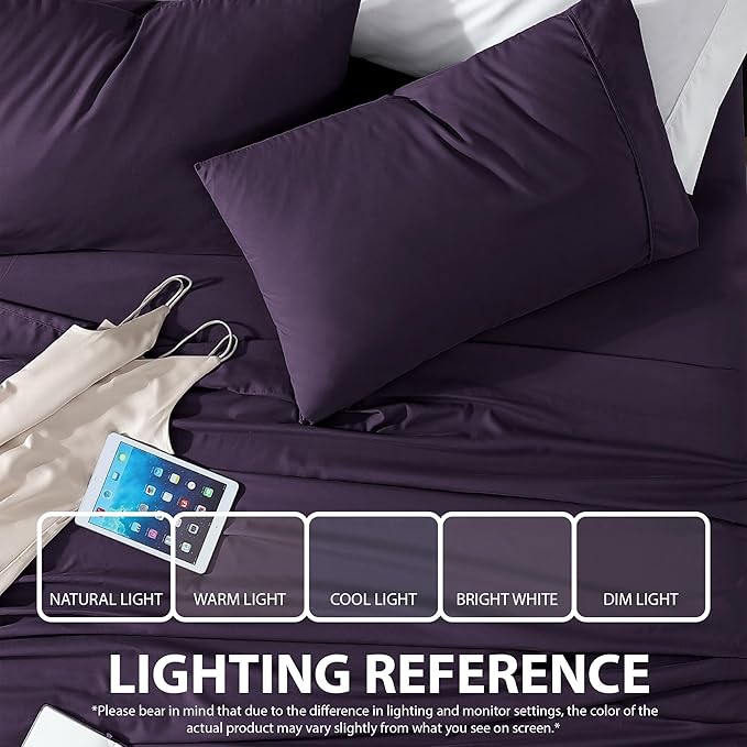 Cathay Home Essentials Ultra Soft Hypoallergenic Wrinkle Resistant Double Brushed Microfiber Bedding Sheet Set, Eggplant, California King
