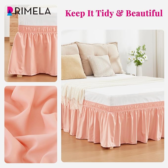 RIMELA Peachy Coral Bed Skirt King Size 15 Inch Drop, Elastic Bed Skirting for Bed Base and Frame, Bedding Dust Ruffle Easy to Install, Wrap Around Adjustable Bedskirt
