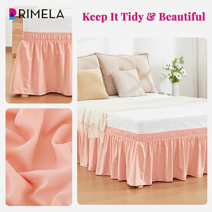 RIMELA Peachy Coral Bed Skirt King Size 18 Inch Drop, Elastic Bed Skirting for Bed Base and Frame, Bedding Dust Ruffle Easy to Install, Wrap Around Adjustable Bedskirt
