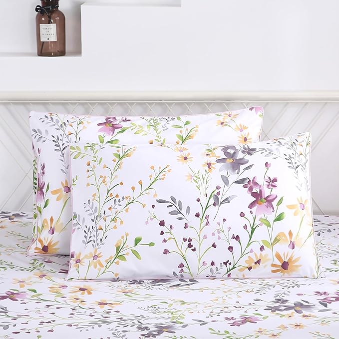 WINLIFE 100% Cotton Pillowcases Garden Floral Printed Pillow Cases Set of 2 Pillow Cover (King Size 20'' x 36'', Lilac)