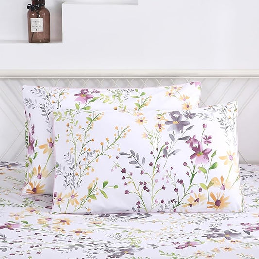WINLIFE 100% Cotton Pillowcases Garden Floral Printed Pillow Cases Set of 2 Pillow Cover (King Size 20'' x 36'', Lilac)