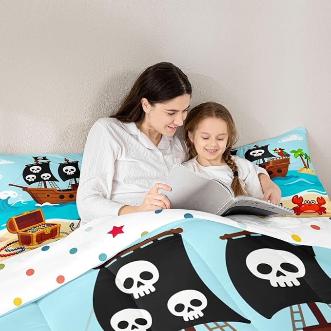 Cartoon Pirate Ship Comforter Set,Cartoon Parrot Crab Coastal Creature Bedding Sets for Kids Teens Adults,Nautical Sailing Ocean Theme Quilted Comforter with 1 Pillowcase Toddler Size 2 Pcs