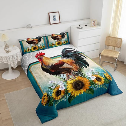 Erosebridal Chicken Comforter Set Queen Size Sunflower Bedding Grey Honeycomb Blue Yellow Rooster Down Farmhouse Wild Animal Leaves Room Decor Comforters & Sets for Adult Kids Boys,Multi 121
