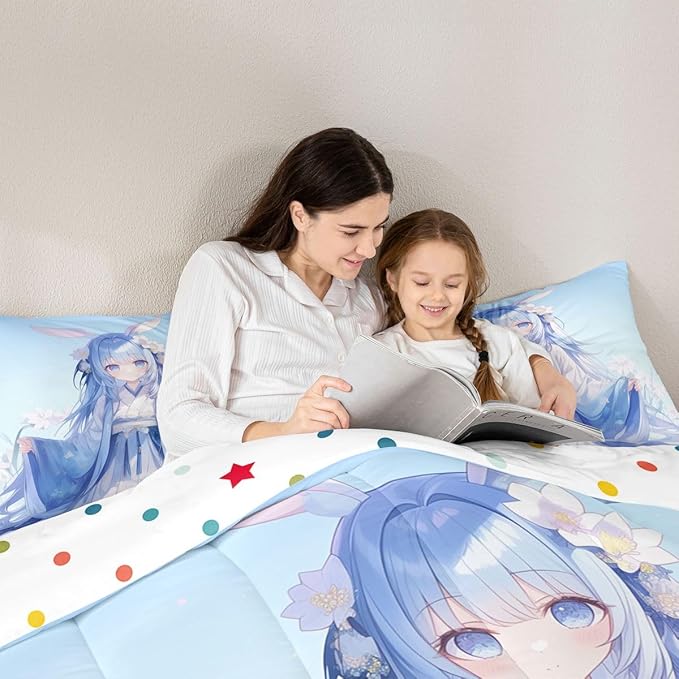 Erosebridal Traditional Japanese Girl Comforter Set Kawaii Decor, 3D Anime Girl Bedding Sets Cartoon Japanese Girl Bed Set for Kids Girls Blue Butterfly Decorations Down Comforter Twin Size