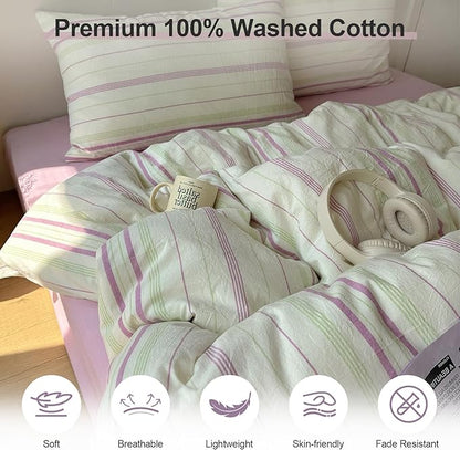 EAVD Retro Striped Duvet Cover King Size Soft 100% Cotton Green Purple Verical Striped Bedding Set with 2 Pillowcases Reversible Farmhouse Geometric Duvet Cover with Zipper Closure