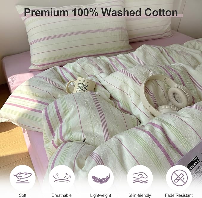 EAVD Vintage Style Striped Duvet Cover Twin Size Soft 100% Cotton Green Purple Vertical Stripes Pattern Bedding Set with 2 Pillowcases Reversible Farmhouse Geometric Duvet Cover with Zipper