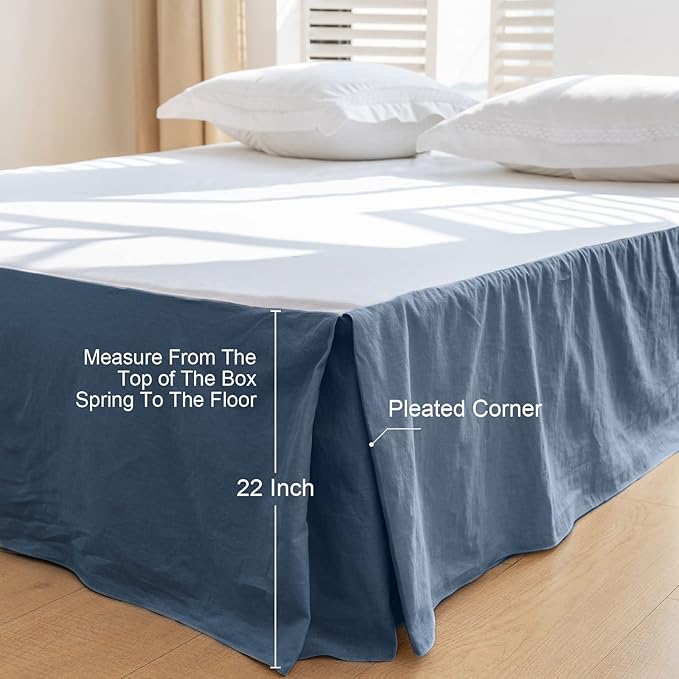 BISELINA French Linen Bed Skirt with Pleated Corner 22-Inch Tailored Drop Natural Flax Cotton Blend Basic Dust Ruffle Soft Cozy Farmhouse Bedding (22" King, Basic Navy Blue)