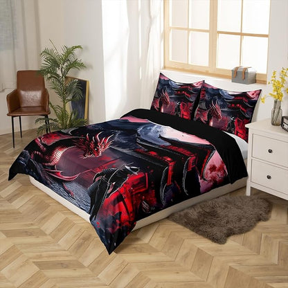 Feelyou Dragon Bedding Set Toddler Size Kids Samurai Comforter Cover Set for Boys Japanese Style 3D Dragon Theme Anime Ancient Wildlife Duvet Cover Red Bedspread Cover Quilt Cover,No Comforter