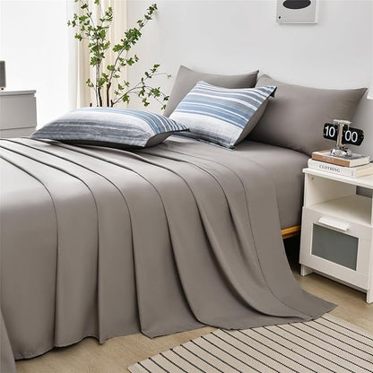 KAKIJUMN 7 Piece Bed in a Bag Stripe Comforter Set Full Size, White Grey Blue Striped Comforter and Sheet Set, All Season Soft Microfiber Complete Bedding Set(Light Blue,Full)