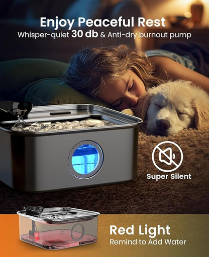 oneisall 10L/2.6Gal Dog Water Fountain for Large Dogs (with 1 Filter) | Deeper & Wider Drinking Area, Visualization Window & Triple Filtration,304 Stainless Steel Dog Water Bowl Dispenser