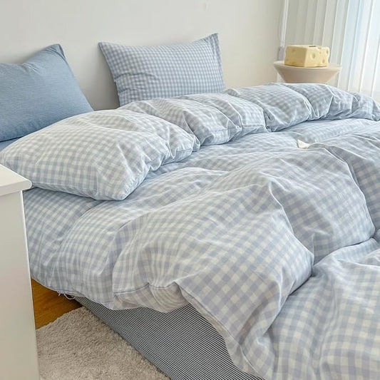 Blue Gingham Full Size Duvet Cover Washed Cotton Boho Full Size Comforter Cover Cute Soft Plaid Chic Duvet Cover Set with Hidden Zipper Coquette Farmhouse Bedding Set Aesthetic Duvet Protector