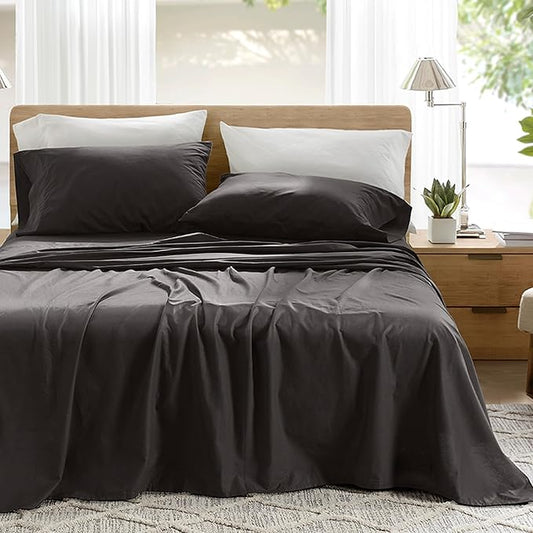 Comfort Spaces 100% Cotton Sheets Twin XL, Breathable & Ultra Soft Cotton Sheets, Naturally Cool Cotton Bed Sheets with 12" Elastic Pocket Fits up to 14" Mattress, All Season Sheet Set, Black, 3 Piece