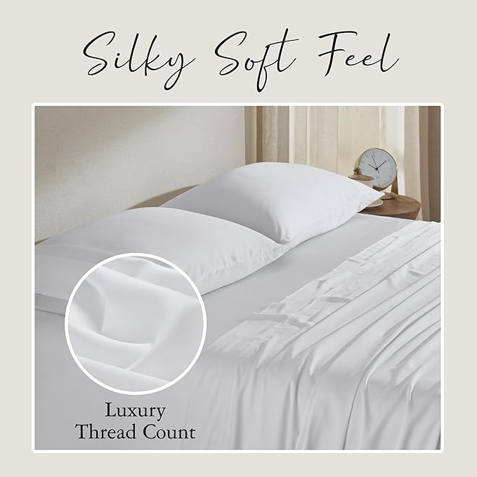 KARISSA MAE Cooling Bamboo Viscose King Size Sheet Set | 100% FSC Certified | 18” Deep Pocket | Silky, Soft, & Hypoallergenic | with Organizer Band & Elastic Corner Straps [White]