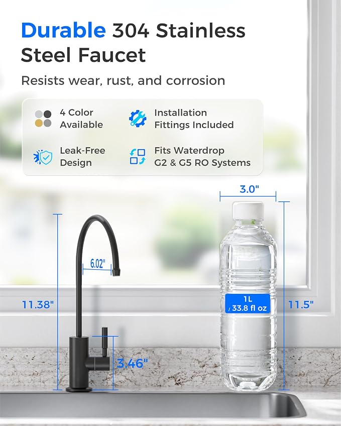 Waterdrop G2FCT-BLK Drinking Water Faucet, NSF/ANSI 372 Certified, Black | RO Water Filter Faucet for Kitchen Bar Sink, Lead-Free, 304 Stainless Steel, Single Handle, 360° Swivel Spout