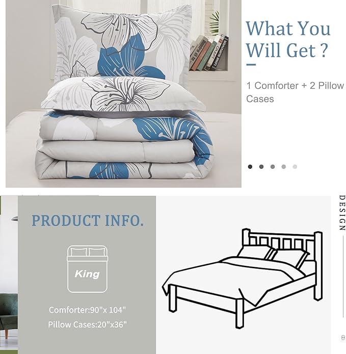 Menghomeus Floral Comforter Set King Blue Flower Pattern Printed on Grey, Soft Microfiber Bedding Lightweight Boho Bed Set for All Season (1 Comforter, 2 Pillowcases)