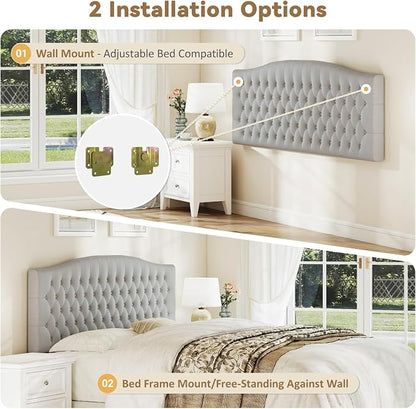 King Headboard Only, Velvet Classic Tufted Design, Silver Gray | 2 installation options: 1.bed frame mount 2.wall mount (for adjustable bed), Classic hand-tufted headboard king size