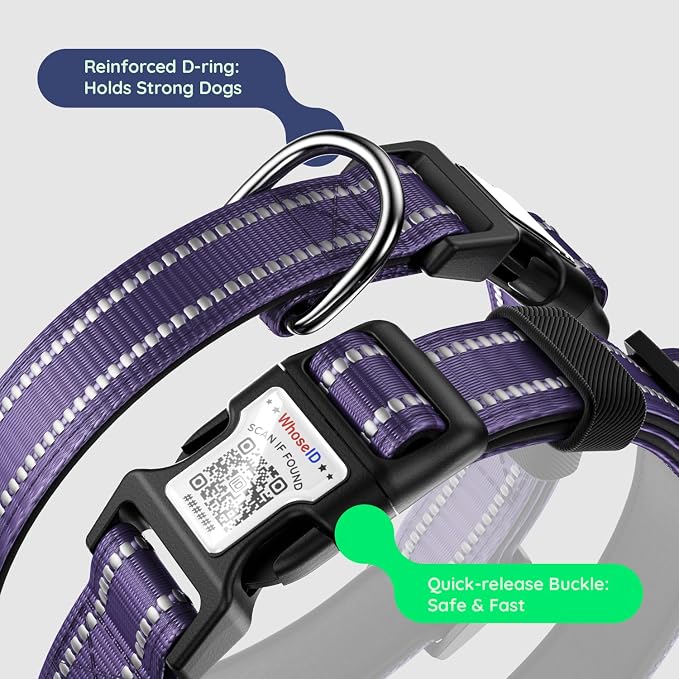 Airtag Dog Collar, Reflective Ultra-Durable Nylon Padded with QR Code Buckle & IP68 Waterproof Air Tag Holder Compatible for Apple AirTag, Comfortable for Small Medium Large Dogs(Purple, M)