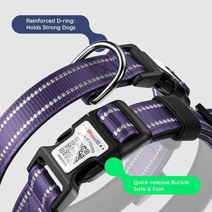 Airtag Dog Collar, Reflective Ultra-Durable Nylon Padded with QR Code Buckle & IP68 Waterproof Air Tag Holder Compatible for Apple AirTag, Comfortable for Small Medium Large Dogs(Purple, M)