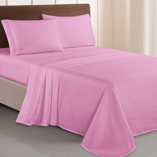 Elegant Comfort Luxurious 1500 Premium Hotel Quality Microfiber Three Line Embroidered Softest 4-Piece Bed Sheet Set, Wrinkle and Fade Resistant, Queen, Light Pink