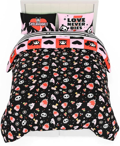 Skelanimals Bedding 7 Piece Full Bed Set, Soft Checkered Comforter and Sheet Set with Sham, Kit The Cat, (Officially Licensed Product) by Franco Collectibles