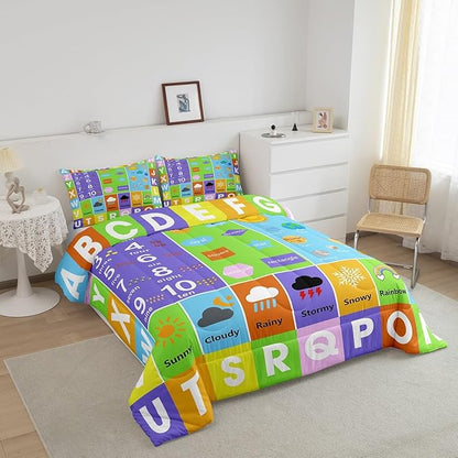 Castle Fairy Alphabet Queen Size Comforter Set,Educational Weather Planets Number Down Alternative Comforter Adults Bedroom Decor,Watercolor Patchwork Ultra Soft Inner Fill 3Pcs Bedding