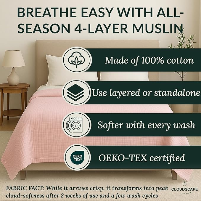CLOUDSCAPE 100% Cotton Muslin Blanket King Size for Bed - Oversized 4 Layer 108x92 Fits Upto Cal King Bed - Soft Breathable, Lightweight, All Season, Summer Gauze Blanket for Adults - Seashell Pink