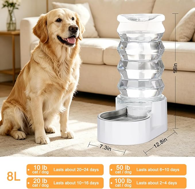 RIZZARI 8L Gravity Dog Water Dispenser: Stainless Steel Bowl Anti-Splash | Wide Mouth Easy Cleaning/ Dishwasher Safe/No Electricity Needed/ Filtered Fresh Water / Multi-Pet Homes