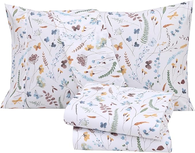 RUVANTI 100% Cotton Sheets – Full Size Percale Bedding, Cooling & Breathable Floral Design, Durable with a Crisp, Soft & Comfortable Feel, 16" Deep Pocket, 4-Piece Set, Fern Class