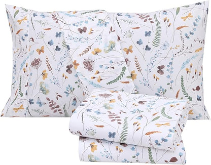RUVANTI 100% Cotton Sheets – Full Size Percale Bedding, Cooling & Breathable Floral Design, Durable with a Crisp, Soft & Comfortable Feel, 16" Deep Pocket, 4-Piece Set, Fern Class